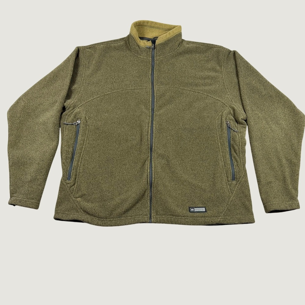REI Mens Full Zip Fleece Jacket Olive Green Midweight Outdoor Layer 753-602 S08
